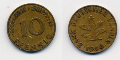 ФРГ 10 ПФЕННИГОВ 1949 J KM 103 латунь сталь 4388-214