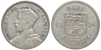 Фиджи 1 флорин 1934 Георг V (1910-1936), герб Фиджи KM 5 серебро    91-1124