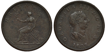 Великобритания 1/2 пенни 1806 Георг III (1760-1820) KM 662, Spink 3781 медь 106-756