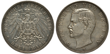 Бавария 3 марки 1910 Отто (1886-1913) Weege 45, J. 47, KM 515 серебро 3711-1945