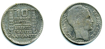 Франция 10 франков 1933 Пьер Тюрен KM 878, Le Franc 360.6 серебро 37-716