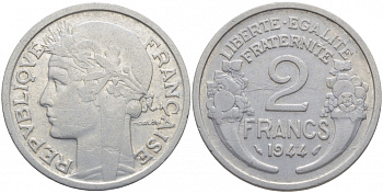ФРАНЦИЯ 2 ФРАНКА 1944 KM 886а.1 алюминий 114-744