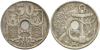 ИСПАНИЯ 50 СЕНТИМО 1963 (63) ФРАНСИСКО ФРАНКО ДИКТАТОР ИСПАНИИ ( 1939- 1975) , МОРСКАЯ АТРИБУТИКА KM 777 медно-никель 216-534