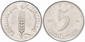 ФРАНЦИЯ 5 САНТИМОВ 1964 ПЯТАЯ РЕСПУБЛИКА KM 927, LE FRANC 124.6 хромированная сталь 105-436
