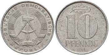 ГДР 10 пфеннигов 1968 A KM 10 алюминий 67-323