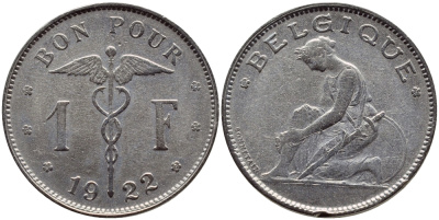 Бельгия 1 франк 1922 Belgique, Альберт I (1910-1934) KM 89 никель 86-1842