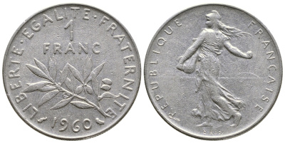 ФРАНЦИЯ 1 ФРАНК 1960 СЕЯТЕЛЬ KM 925.1, LE FRANC 226.4 никель 3999-1031
