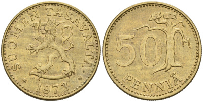 ФИНЛЯНДИЯ 50 ПЕННИ 1973 S KM 48 алюминиевая бронза 4563-426