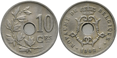 БЕЛЬГИЯ 10 САНТИМОВ 1902 BELGIQUE KM 48 медно-никель 4379-1013