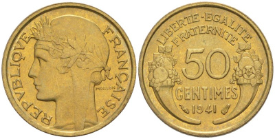 ФРАНЦИЯ 50 САНТИМОВ 1941 ТИП MORLON KM 894.1, LE FRANC 192.18 алюминиевая бронза 44-421