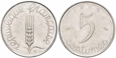 ФРАНЦИЯ 5 САНТИМОВ 1964 ПЯТАЯ РЕСПУБЛИКА KM 927, LE FRANC 124.6 хромированная сталь 105-436