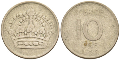 Швеция 10 эре 1953 TS, Густав VI Адольф (1950-1973) KM 823 серебро 192-141