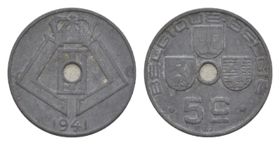 Бельгия 5 сантимов 1941 Belgique - Belgie, Леопольд III (1934-1947), германская оккупация, Вторая мировая война KM 123 цинк 4640-1116