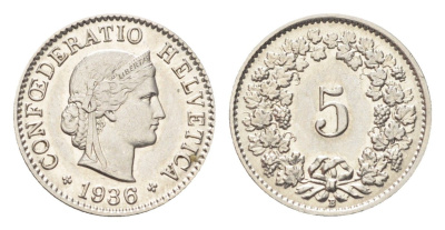 Швейцария 5 раппенов 1936 B KM 26b никель 4705-1229