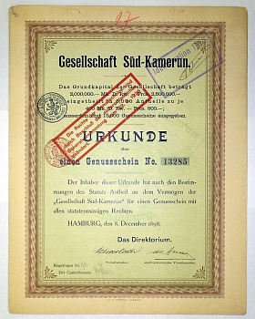 GESELLSCHAFT SUD-KAMERUN - АКЦИОНЕРНОЕ ОБЩЕСТВО ЮЖНОГО КАМЕРУНА 1 АКЦИЯ 1898 ГЕРМАНИЯ бумага 5553-6