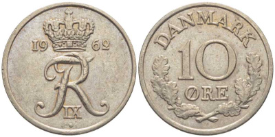ДАНИЯ 10 ЭРЕ 1962 C;S, ФРЕДЕРИК IX (1947-1972) KM 849,1 медно-никель 201-1221