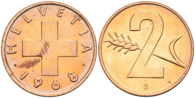 Швейцария 2 раппена 1968 В KM 47 бронза UNC 4575-1044