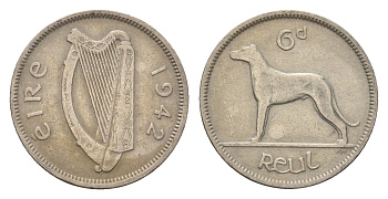 Ирландия 6 пенсов 1942 собака, ирландский волкодав KM 13a медно-никель 4690-325