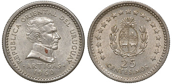 Уругвай 25 сентесимо 1960 KM 40 медно-никель 4169-1048