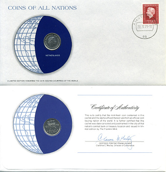 Нидерланды 25 центов 1979 Юлиана (1949-1980) конверт с маркой первого дня гашения, Coins of Nations KM 183 никель UNC 4294-11-2