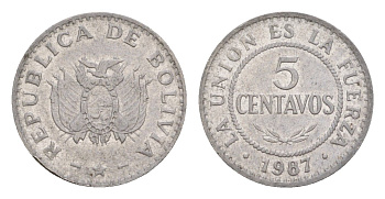 Боливия 5 сентаво 1987 KM 201 нержавеющая сталь 4649-836