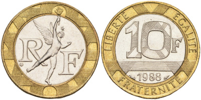 Франция 10 франков 1988 тип Гений Бастилии KM 964.1, Le Frank 375.2 биметалл 4586-1127