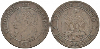ФРАНЦИЯ 2 САНТИМА 1861 A KM 796.4 бронза 116-747