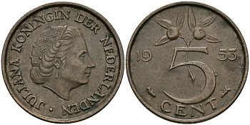 Нидерланды 5 центов 1953 Юлиана (1948-1980) KM 181 бронза 95-254