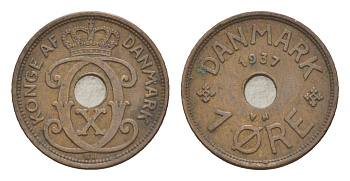 Дания 1 эре 1937 N, Кристиан X (1912-1947) KM 826 бронза 4639-714