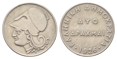 Греция 2 драхмы 1926 Афина в коринфском шлеме, год-тип KM 70 медно-никель 4670-133