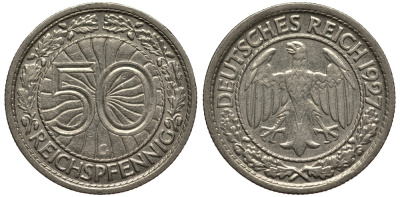 Германия 50 рейхспфеннигов 1927 G KM 49, J. 324 никель 413-4021