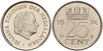 Нидерланды 25 центов 1974 Юлиана (1949-1980) KM 183 никель    4598-512