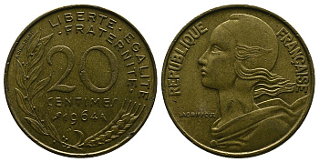 ФРАНЦИЯ 20 САНТИМОВ 1964 ТИП MARIANNE KM 930, LE FRANC 156.4 алюминиевая бронза 4384-752