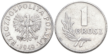 ПОЛЬША 1 ГРОШ 1949 MW KM 39, Parchimowicz 201 алюминий 206-367