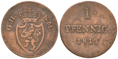 Гессен-Дармштадт 1 пфенниг 1819 G H S M, Людвиг I (1816-1830) KM 280 медь 4615-314