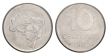 Бразилия 10 крузейро 1981 KM 592.1 нержавеющая сталь 4656-1256