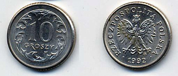 Польша 10 грошей 1992 MW KM 279 медно-никель UNC 58-1226