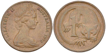 АВСТРАЛИЯ 1 ЦЕНТ 1973 ЕЛИЗАВЕТА II (1952-) МОЛОДОЙ ПОРТРЕТ, ОПОССУМ KM 62 бронза 4516-631