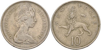 Великобритания 10 пенсов 1968 Елизавета II (1952-2022) KM 912, Spink 4231 (F1) медно-никель 4531-145