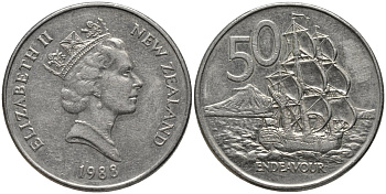 Новая Зеландия 50 центов 1988 Елизавета II (1952-2022), парусник Индевор KM 63 медно-никель 4578-121