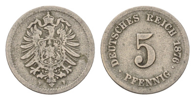 Германия 5 пфеннигов 1876 F, Вильгельм I (1871-1888) KM 3, J. 3 медно-никель 4632-668