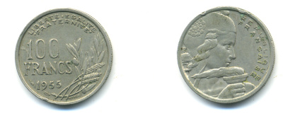 ФРАНЦИЯ 100 ФРАНКОВ 1955 KM 919.1 медно-никель 83-333