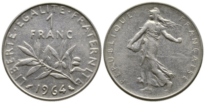 Франция 1 франк 1964 сеятель KM 925.1, Le Franc 226.8 никель 4364-3342