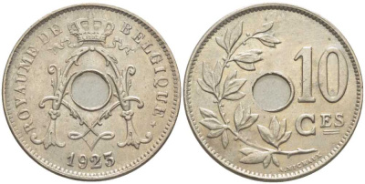 БЕЛЬГИЯ 10 САНТИМОВ 1923 BELGIQUE, АЛЬБЕРТ I (1909-1934) KM 85.1 медно-никель 119-332