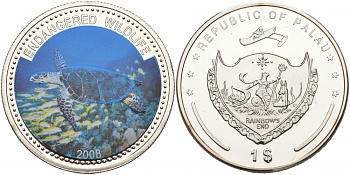 Палау 1 доллар 2008 серия вымирающие виды, морская черепаха Бисса, цветная эмаль KM 165 медно-никель PROOF M3-13