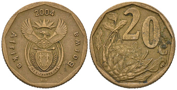 ЮАР 20 центов 2004 KM 328 сталь плакированная бронзой 4621-419