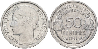 ФРАНЦИЯ 50 САНТИМОВ 1941 ТИП MORLON LOURDE KM 894.1a, LE FRANC 193.2 алюминий 44-166