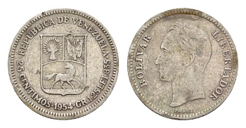 Венесуэла 25 сентимо 1954 Симон Боливар Y 35 серебро 4649-849