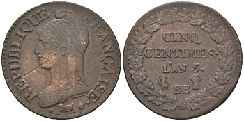 Франция 5 сантимов 1796 AN 5 BB, Исполнительная директория (1795-1799) KM 640 медь 4044-341