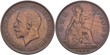 Великобритания 1 пенни 1930 Георг V (1910-1936) КМ 838, Spink 4055 бронза 32-115